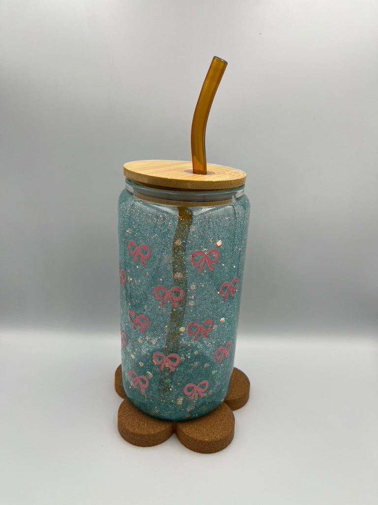 Blue Glitter Snow-globe Tumbler with Pink Bow – A Sparkling Touch of Magic