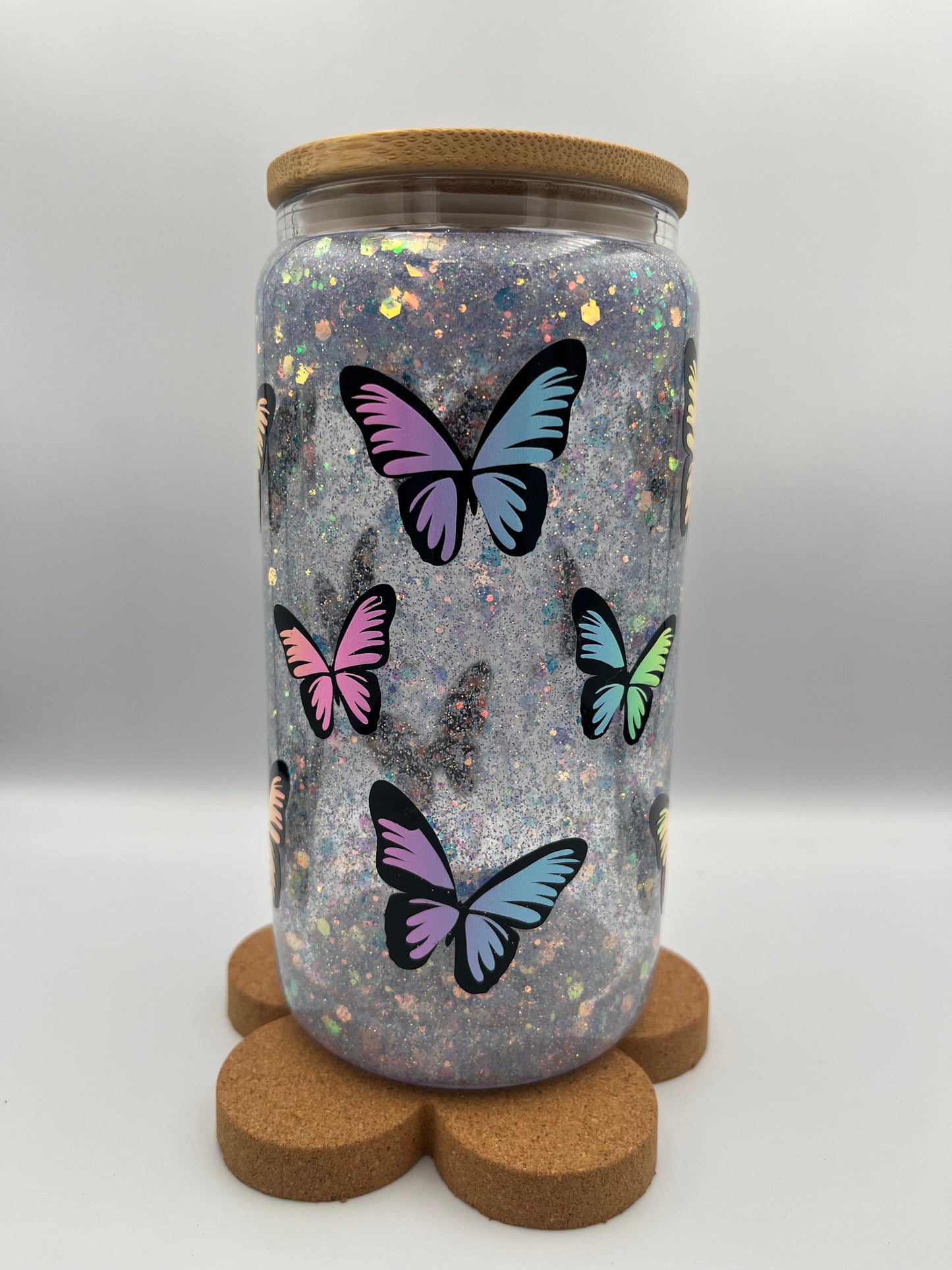 Magical Moments: 500ml Double-Wall Snow Globe Glass Tumbler with Blue Glitter & Butterfly Print