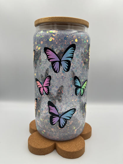 Magical Moments: 500ml Double-Wall Snow Globe Glass Tumbler with Blue Glitter & Butterfly Print
