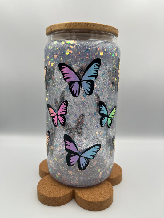 Magical Moments: 500ml Double-Wall Snow Globe Glass Tumbler with Blue Glitter & Butterfly Print