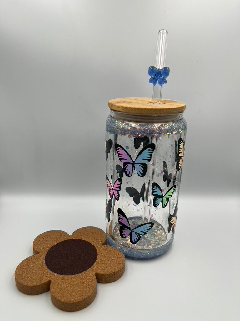 Magical Moments: 500ml Double-Wall Snow Globe Glass Tumbler with Blue Glitter & Butterfly Print