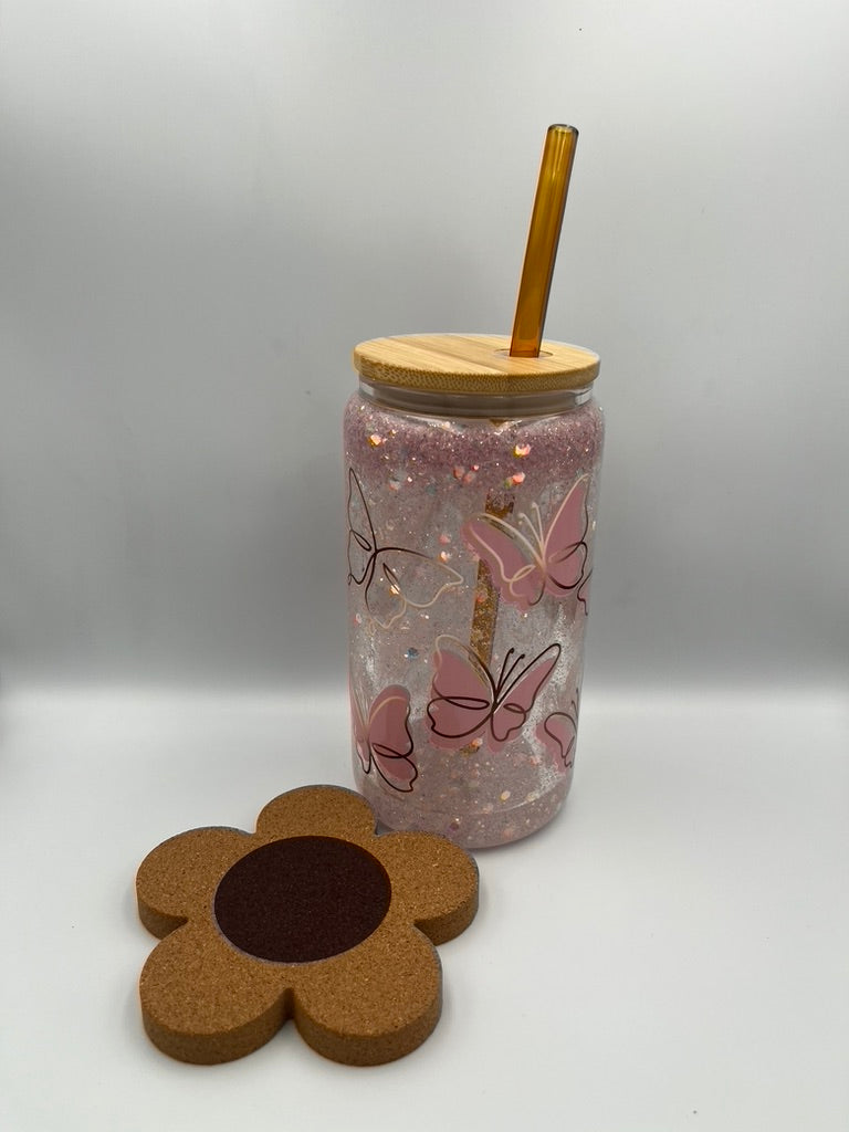 Sparkling Elegance: 500ml Snow Globe Glass Tumbler with Pink Glitter & Butterfly Print