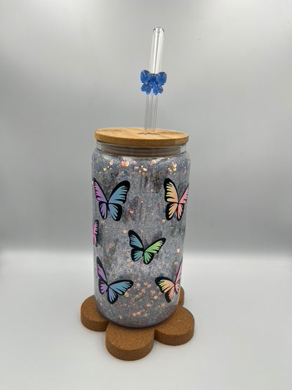 Magical Moments: 500ml Double-Wall Snow Globe Glass Tumbler with Blue Glitter & Butterfly Print