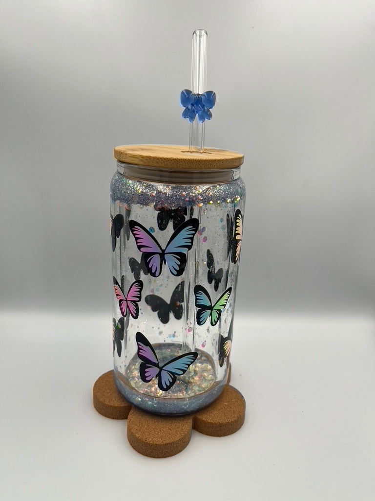 Magical Moments: 500ml Double-Wall Snow Globe Glass Tumbler with Blue Glitter & Butterfly Print