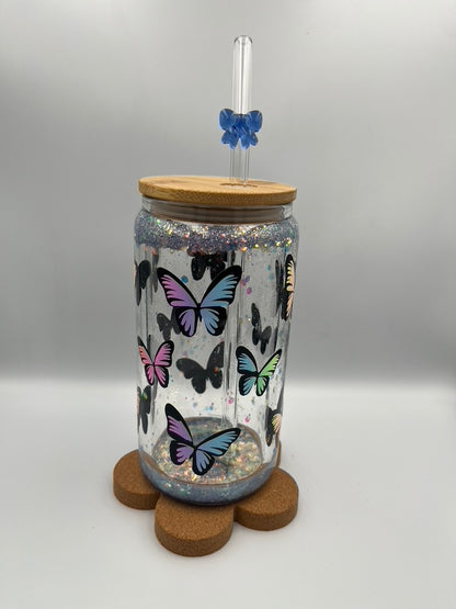 Magical Moments: 500ml Double-Wall Snow Globe Glass Tumbler with Blue Glitter & Butterfly Print
