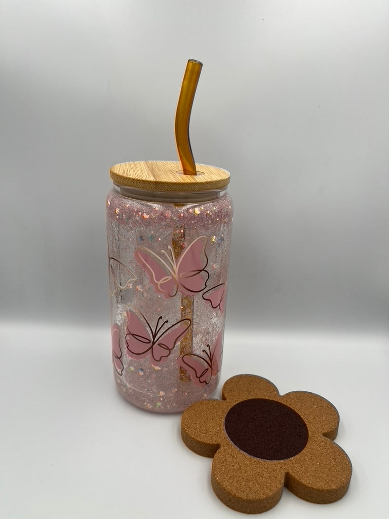 Sparkling Elegance: 500ml Snow Globe Glass Tumbler with Pink Glitter & Butterfly Print