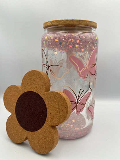 Sparkling Elegance: 500ml Snow Globe Glass Tumbler with Pink Glitter & Butterfly Print