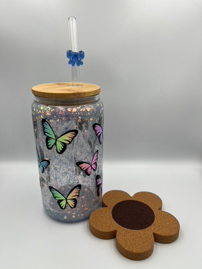 Magical Moments: 500ml Double-Wall Snow Globe Glass Tumbler with Blue Glitter & Butterfly Print