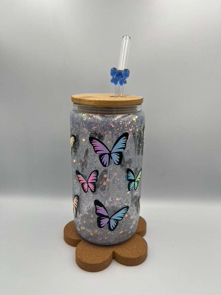 Magical Moments: 500ml Double-Wall Snow Globe Glass Tumbler with Blue Glitter & Butterfly Print