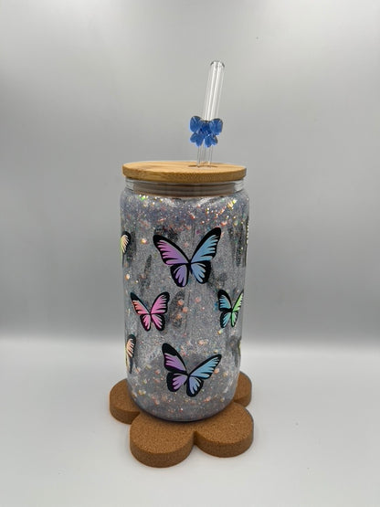 Magical Moments: 500ml Double-Wall Snow Globe Glass Tumbler with Blue Glitter & Butterfly Print