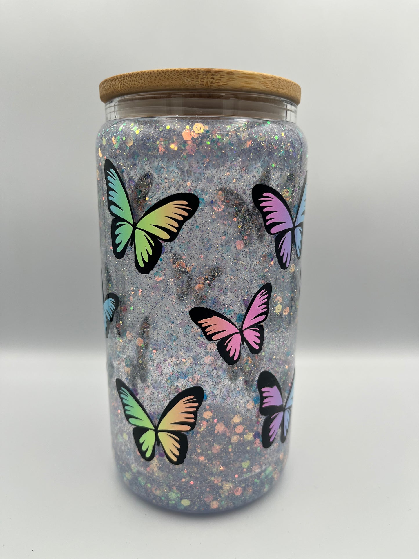 Magical Moments: 500ml Double-Wall Snow Globe Glass Tumbler with Blue Glitter & Butterfly Print