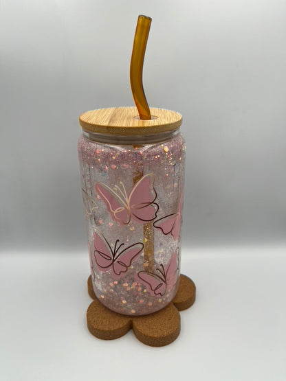 Sparkling Elegance: 500ml Snow Globe Glass Tumbler with Pink Glitter & Butterfly Print
