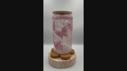 Sparkling Elegance: 500ml Snow Globe Glass Tumbler with Pink Glitter & Butterfly Print